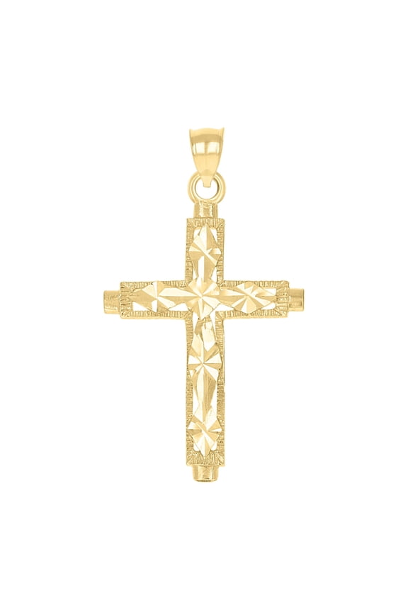 10K Yellow Gold Mens Women Textured Diamond-Cut Cross Religious Charm Pendant