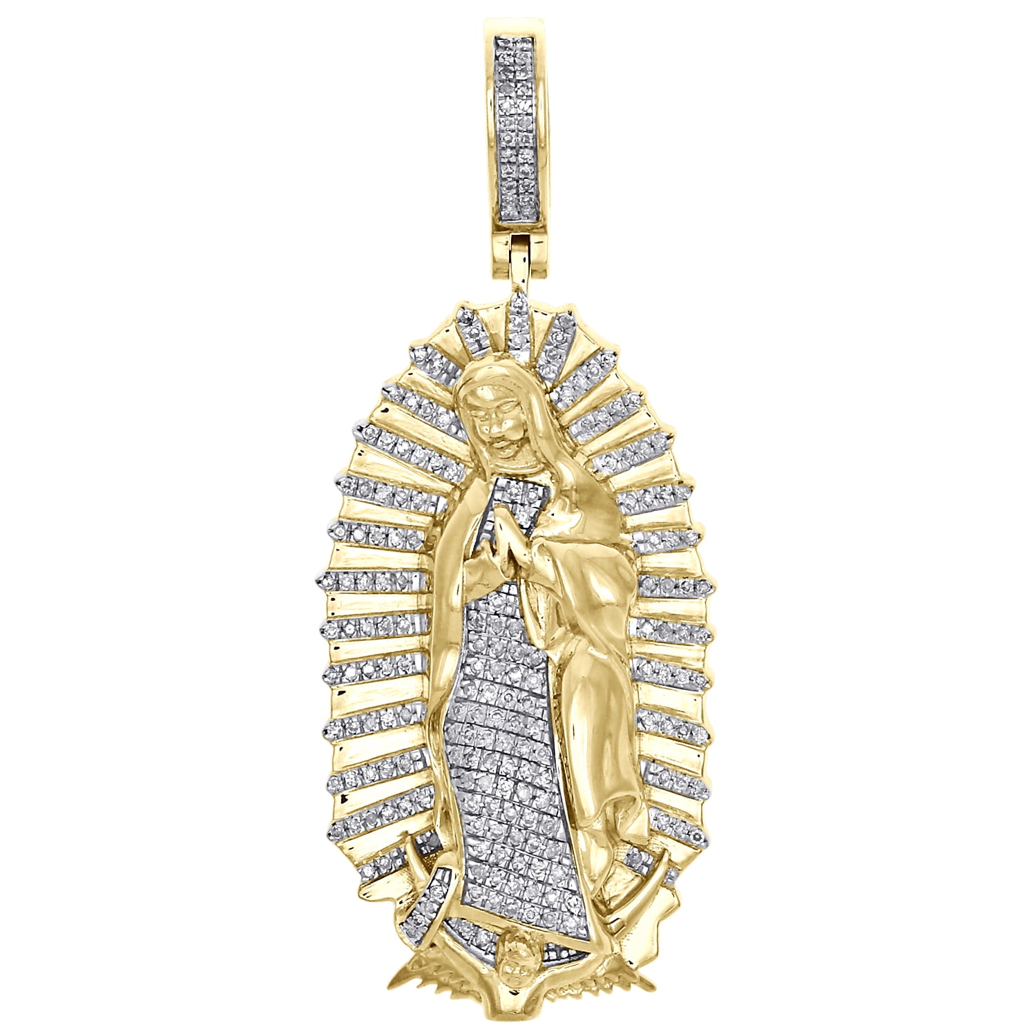 JFL DIAMONDS & TIMEPIECES 10K Yellow Gold Miraculous Virgin Mary Diamond Pendant 2.15" Pave Charm 0.55 CT.
