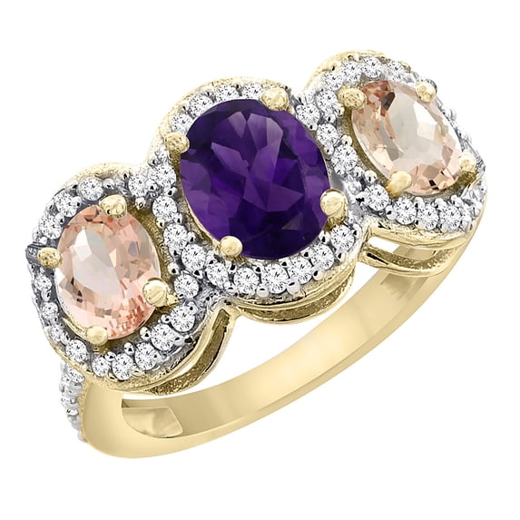 10K Yellow Gold Natural Amethyst & Morganite 3-Stone Ring Oval Diamond Accent, size 10