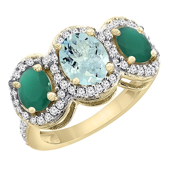 10K Yellow Gold Natural Aquamarine & Cabochon Emerald 3-Stone Ring Oval Diamond Accent, size 8.5