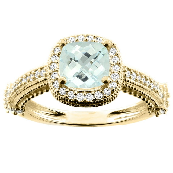 10K Yellow Gold Natural Aquamarine Ring Cushion 7x7mm Diamond Accent, size 6