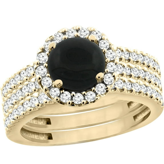 10K Yellow Gold Natural Black Onyx 3-Piece Bridal Ring Set Round 6mm Halo Diamond, size 6
