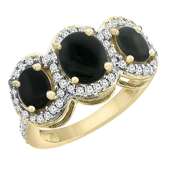 10K Yellow Gold Natural Black Onyx 3-Stone Ring Oval Diamond Accent, size 6.5