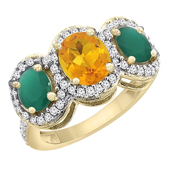 10K Yellow Gold Natural Citrine & Cabochon Emerald 3-Stone Ring Oval Diamond Accent, size 8