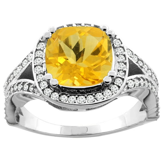 10K Yellow Gold Natural Citrine Split Ring Cushion 8x8mm Diamond Accent, size 7.5