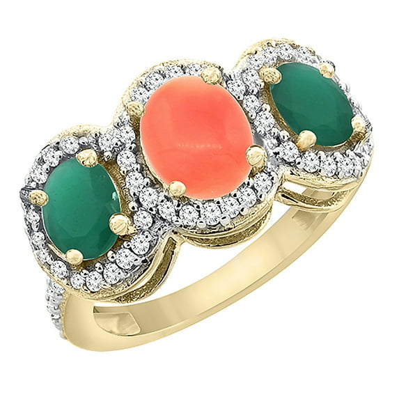 10K Yellow Gold Natural Coral & Cabochon Emerald 3-Stone Ring Oval Diamond Accent, size 5