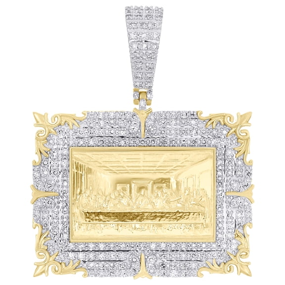10K Yellow Gold Natural Diamond Lily Flower Rectangle Last Supper Pendant 5/8 CT