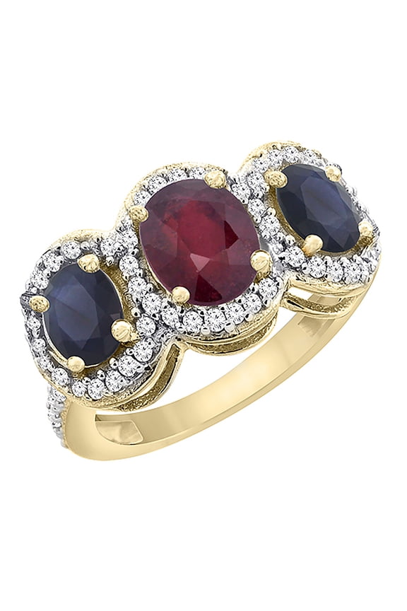10K Yellow Gold Natural HQ Ruby & Blue Sapphire 3-Stone Ring Oval Diamond Accent, size 7.5