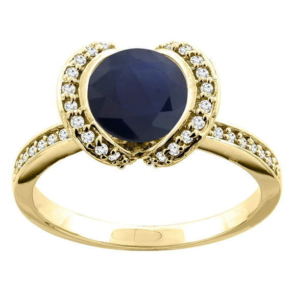 10K Yellow Gold Natural High Quality Blue Sapphire Ring Round 7mm Diamond Accent, size 7.5