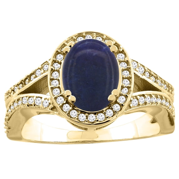 10K Yellow Gold Natural Lapis Split Ring Oval 8x6mm Diamond Accent, size 7