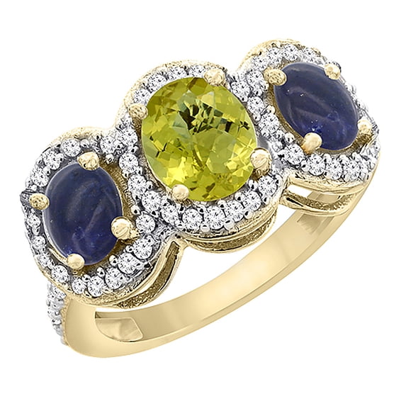 10K Yellow Gold Natural Lemon Quartz & Lapis 3-Stone Ring Oval Diamond Accent, size 10