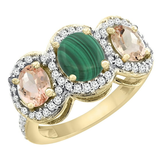 10K Yellow Gold Natural Malachite & Morganite 3-Stone Ring Oval Diamond Accent, size 10
