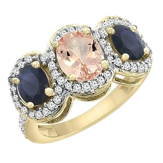 10K Yellow Gold Natural Morganite & HQ Blue Sapphire 3-Stone Ring Oval Diamond Accent, size 6.5