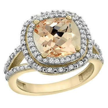 10K Yellow Gold Natural Morganite Ring Cushion 8x8 mm with Diamond Accents, size 8
