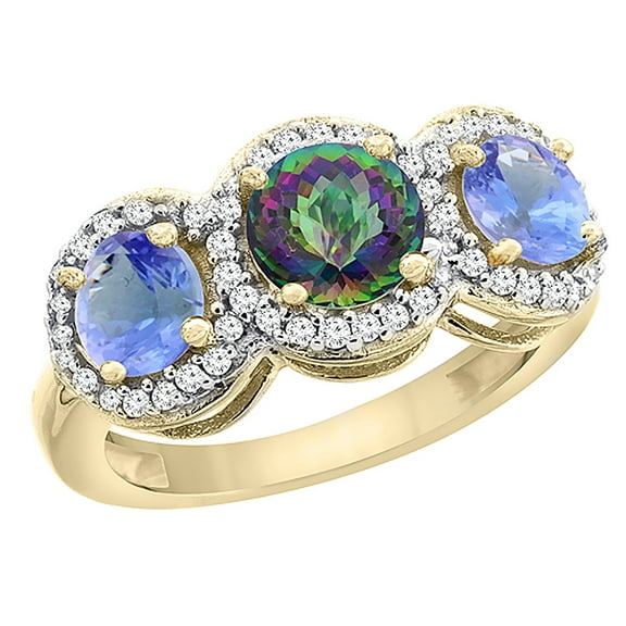 10K Yellow Gold Natural Mystic Topaz & Tanzanite Sides Round 3-stone Ring Diamond Accents, size 6.5