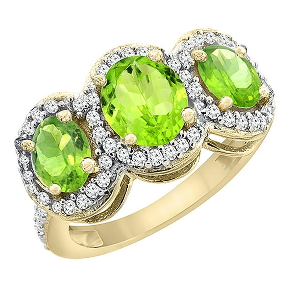 10K Yellow Gold Natural Peridot 3-Stone Ring Oval Diamond Accent, size 8.5