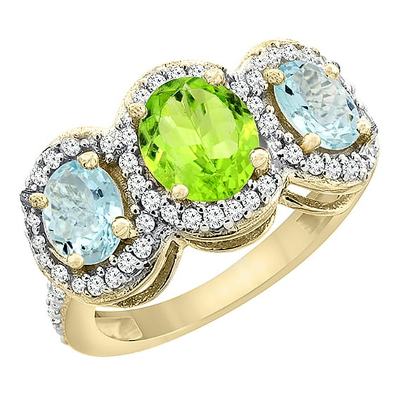 10K Yellow Gold Natural Peridot & Aquamarine 3-Stone Ring Oval Diamond Accent, size 10