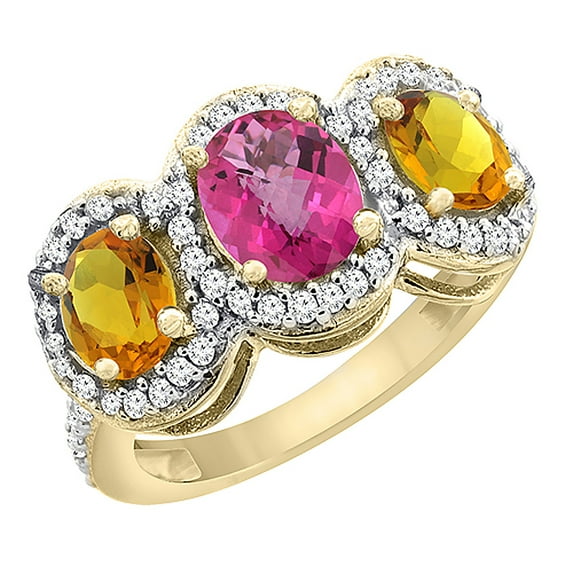 10K Yellow Gold Natural Pink Sapphire & Citrine 3-Stone Ring Oval Diamond Accent, size 9