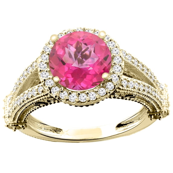10K Yellow Gold Natural Pink Topaz Ring Round 8mm Diamond Accent, size 8.5