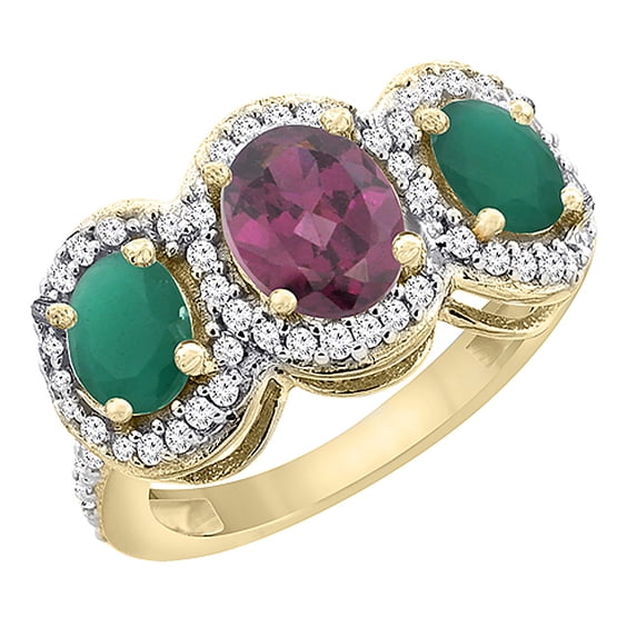 10K Yellow Gold Natural Rhodolite & Cabochon Emerald 3-Stone Ring Oval Diamond Accent, size 9