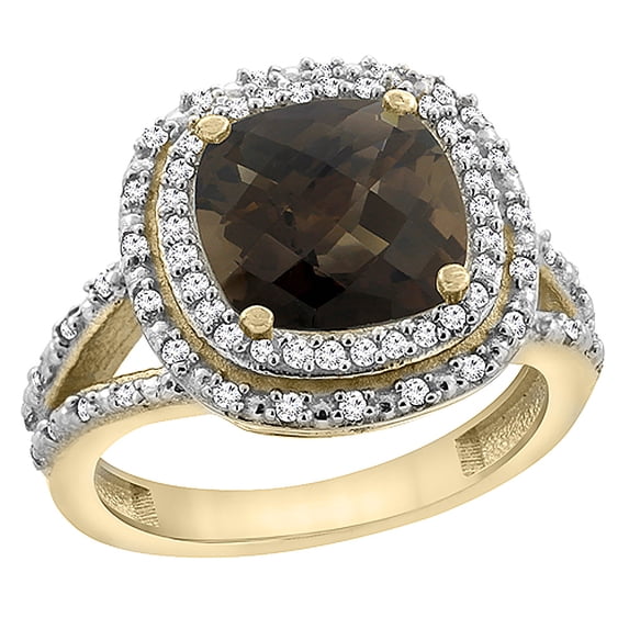 10K Yellow Gold Natural Smoky Topaz Ring Cushion 8x8 mm with Diamond Accents, size 5