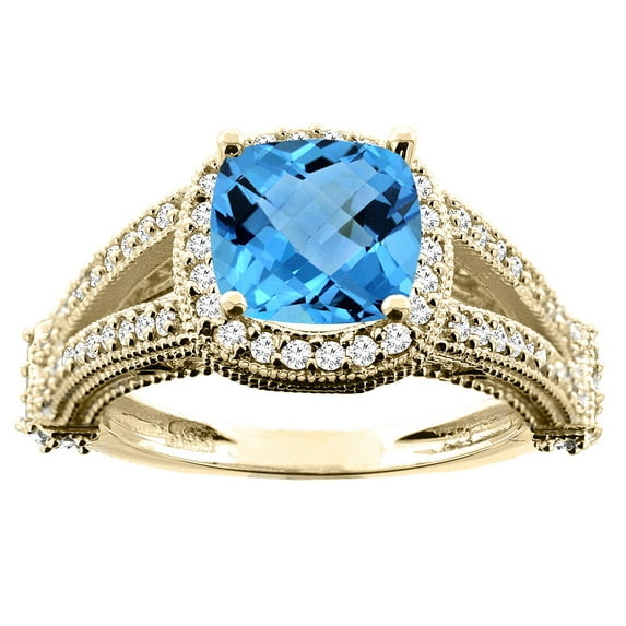 10K Yellow Gold Natural Swiss Blue Topaz Split Shank Ring Cushion 7x7mm Diamond Accent, size 9.5