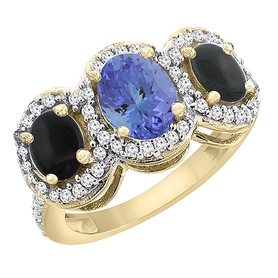 10K Yellow Gold Natural Tanzanite & Black Onyx 3-Stone Ring Oval Diamond Accent, size 10