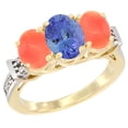 thumbnail image 1 of 10K Yellow Gold Natural Tanzanite & Coral Sides Ring 3-Stone Oval Diamond Accent, size 9, 1 of 3