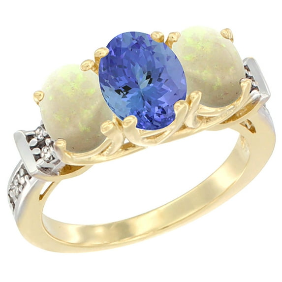 10K Yellow Gold Natural Tanzanite & Opal Sides Ring 3-Stone Oval Diamond Accent, size 9.5