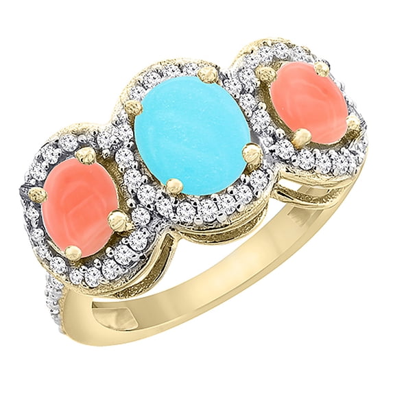 10K Yellow Gold Natural Turquoise & Coral 3-Stone Ring Oval Diamond Accent, size 9.5