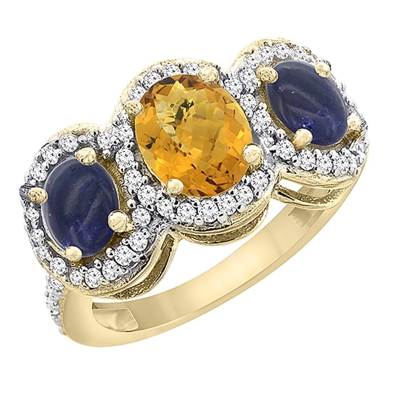 10K Yellow Gold Natural Whisky Quartz & Lapis 3-Stone Ring Oval Diamond Accent, size 8