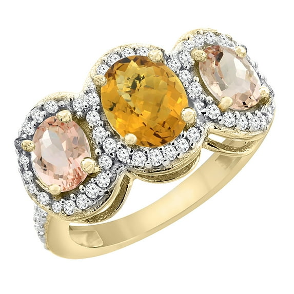 10K Yellow Gold Natural Whisky Quartz & Morganite 3-Stone Ring Oval Diamond Accent, size 5.5