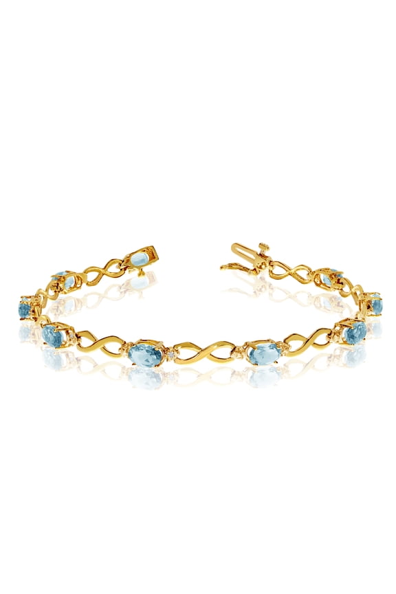10K Yellow Gold Oval Aquamarine Stones And Diamonds Infinity Tennis Bracelet, 7"