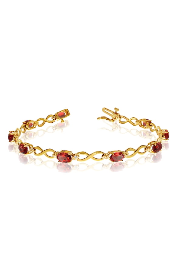 10K Yellow Gold Oval Garnet Stones And Diamonds Infinity Tennis Bracelet, 7"