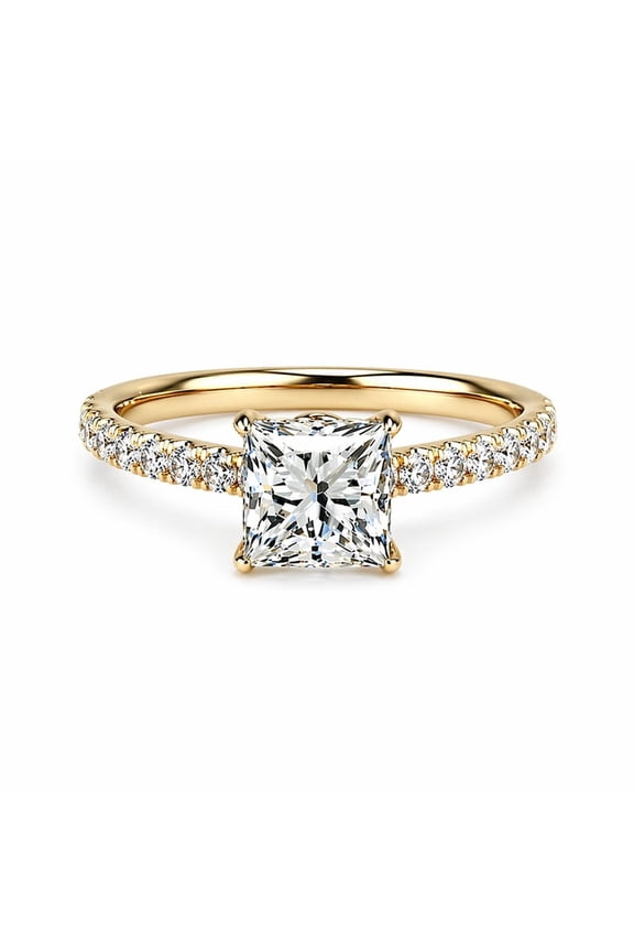 10K Yellow Gold Pavé Diamond Engagement Ring for Women 1.5 Carat Princess Cut Lab Created Center Stone Classic Bridal Jewelry