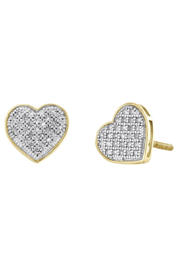 10K Yellow Gold Pave Set Diamond Mini Heart Earrings Ladies 9mm Studs 0.17 Ct.