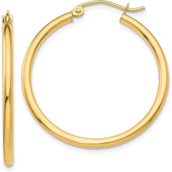 10K Yellow Gold Polished 2mm Lightweight Tube Hoop Earrings - 30mm