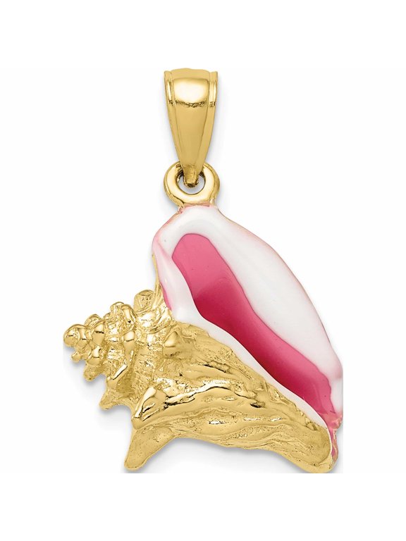 10K Yellow Gold Pink and White Enameled Polished 3-D Conch Shell Pendant