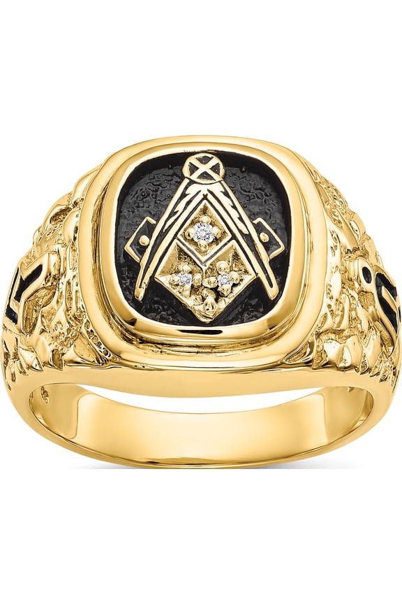 10K Yellow Gold IB Goodman 10K Polished and Antiqued Nugget Texture AA Quality Diamond Masonic Ring