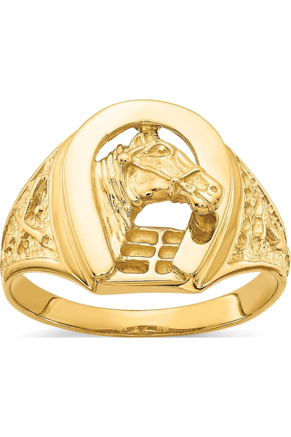 10K Yellow Gold Polished Horseshoe With Horse In Center Ringsize 10 (Width 4 To 15) - Jbsp