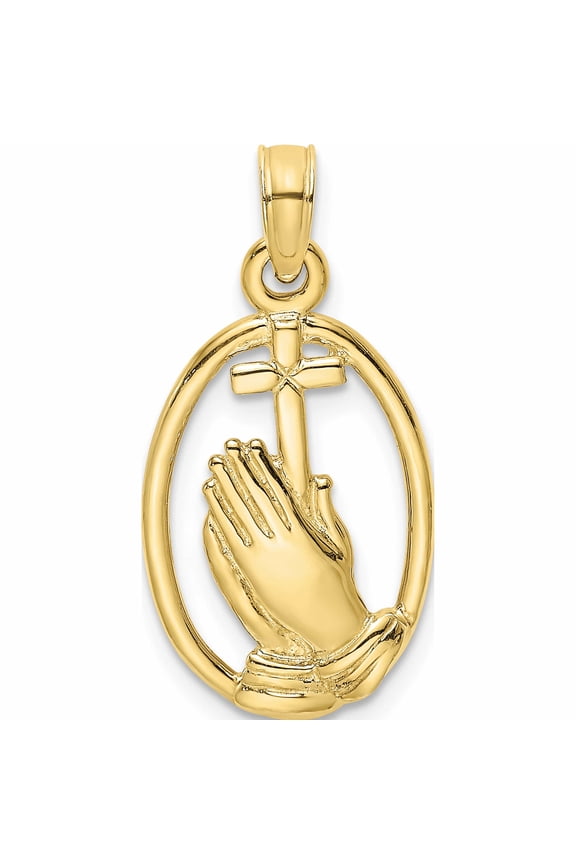 10K Yellow Gold Praying Hands And Cross In Oval Charm Made United States -Jewelry By Sweet Pea