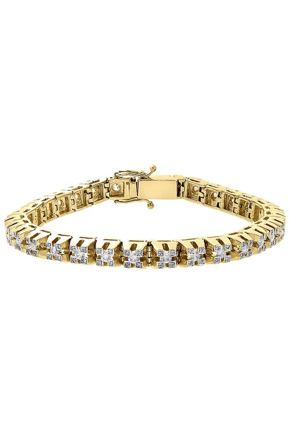 10K Yellow Gold Raised 3D Link Solitaire Round Diamond Bracelet 6.8mm 3.85 Ct.