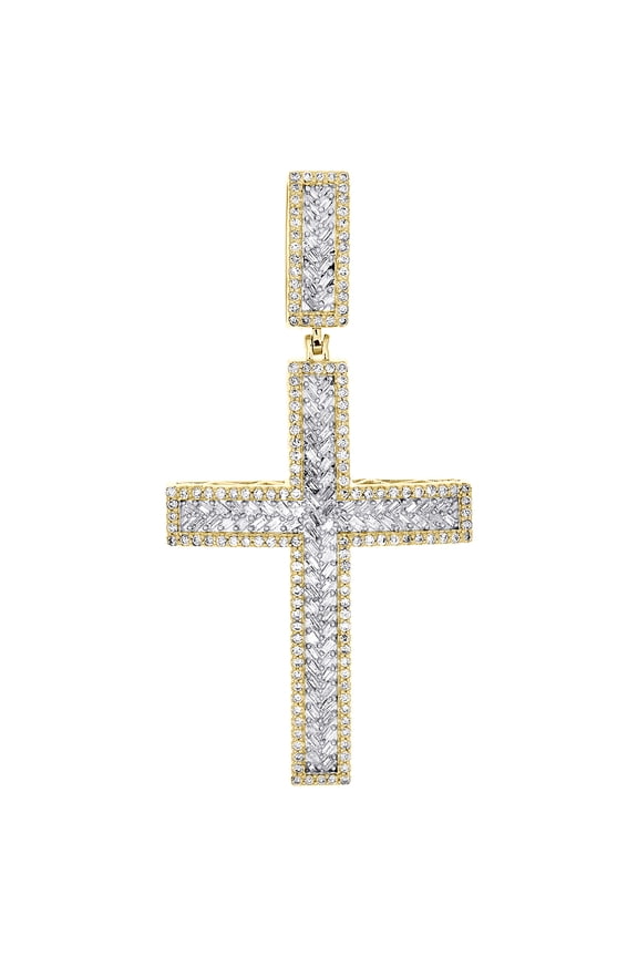 10K Yellow Gold Real Baguette Diamond Dome Religious Charm Cross Pendant 1.25 CT