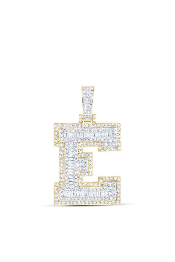 10K Yellow Gold Real Baguette Diamond Iced Out Letter E Initial Pendant 1.20 CT