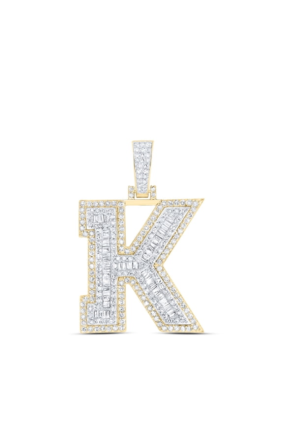 10K Yellow Gold Real Baguette Diamond Iced Out Letter K Initial Pendant 1.20 CT
