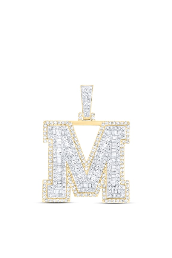 10K Yellow Gold Real Baguette Diamond Iced Out Letter M Initial Pendant 1.75 CT