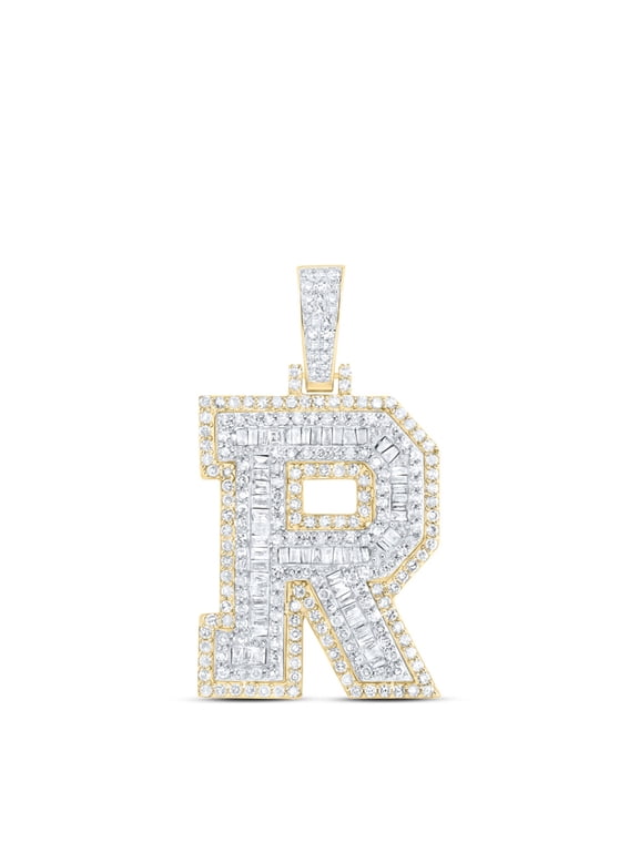 10K Yellow Gold Real Baguette Diamond Iced Out Letter R Initial Pendant 1.33 CT