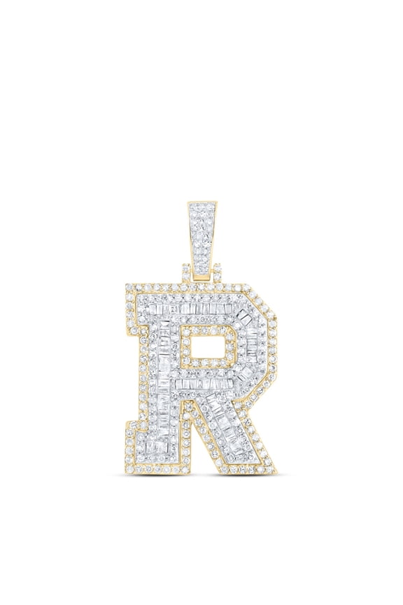 10K Yellow Gold Real Baguette Diamond Iced Out Letter R Initial Pendant 1.33 CT