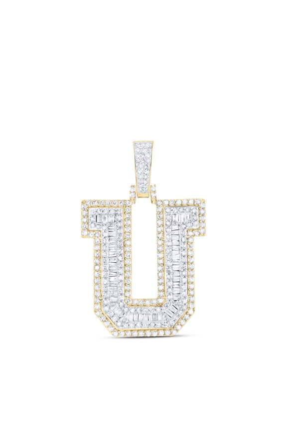 10K Yellow Gold Real Baguette Diamond Iced Out Letter U Initial Pendant 1.20 CT