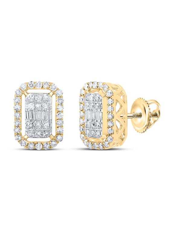 10K Yellow Gold Real Baguette Diamond Unisex Rectangle Halo Stud Earrings 1/2 CT